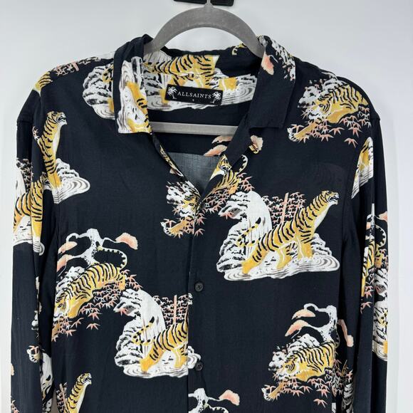 AllSaints Kirshma Button Up Shirt Mens S Black Tiger Graphic Print Hawaiian - Picture 2 of 9
